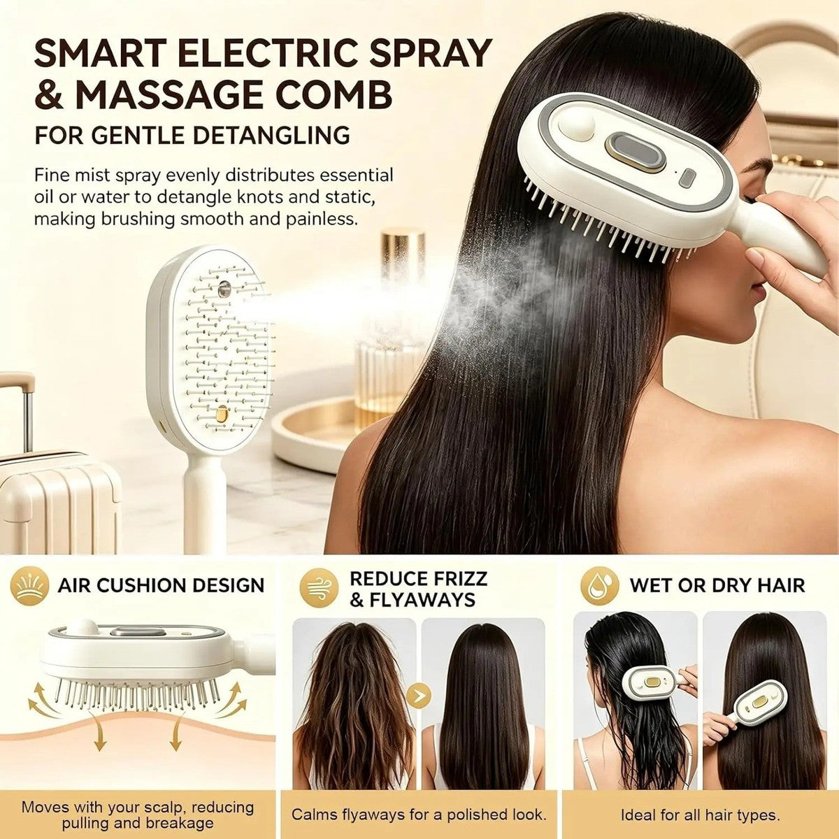 3-in-1 electric mist detangling and scalp massage brush