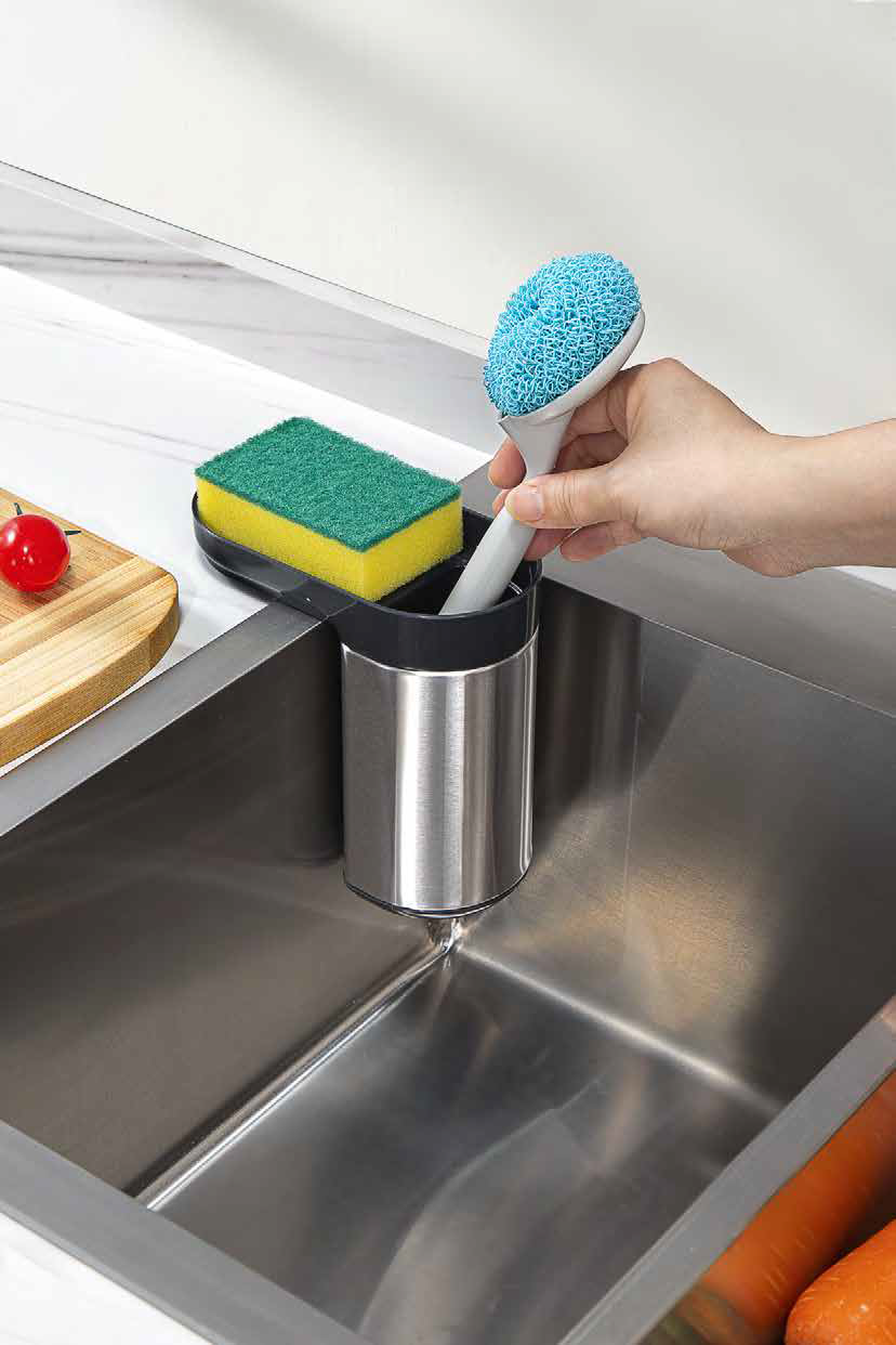 Stainless steel in-sink sponge and brush holder with suction cups